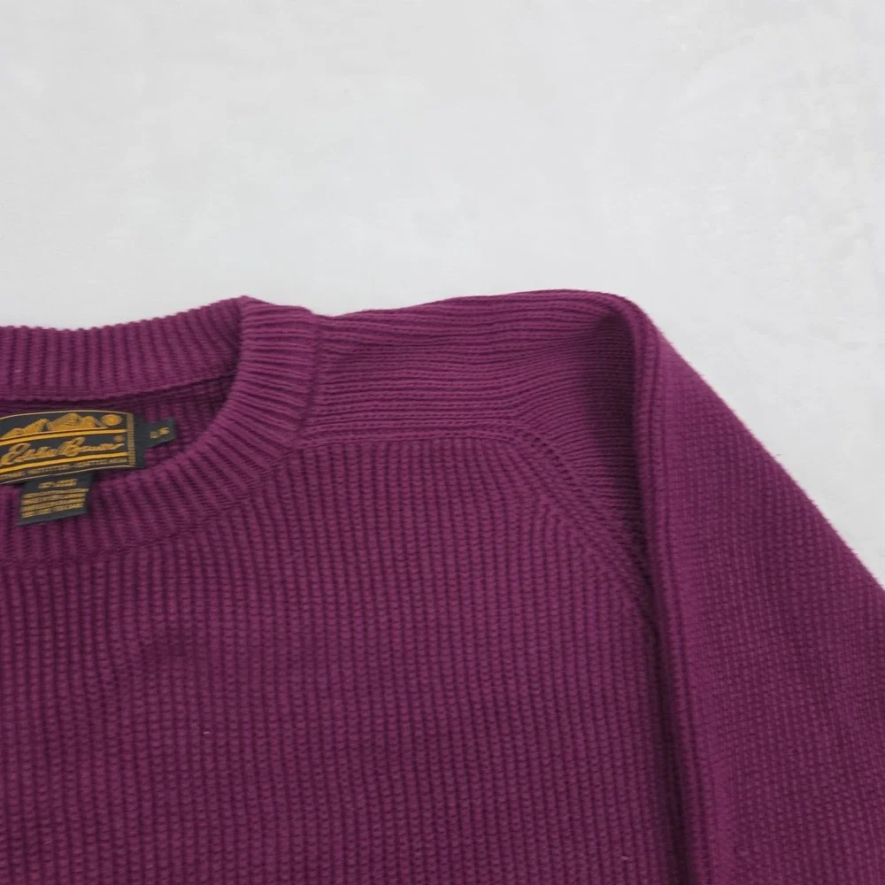 VTG Eddie Bauer Chunky Knit Sweater Men's Sz Large Burgundy Cotton Crewneck - Picture 5 of 10